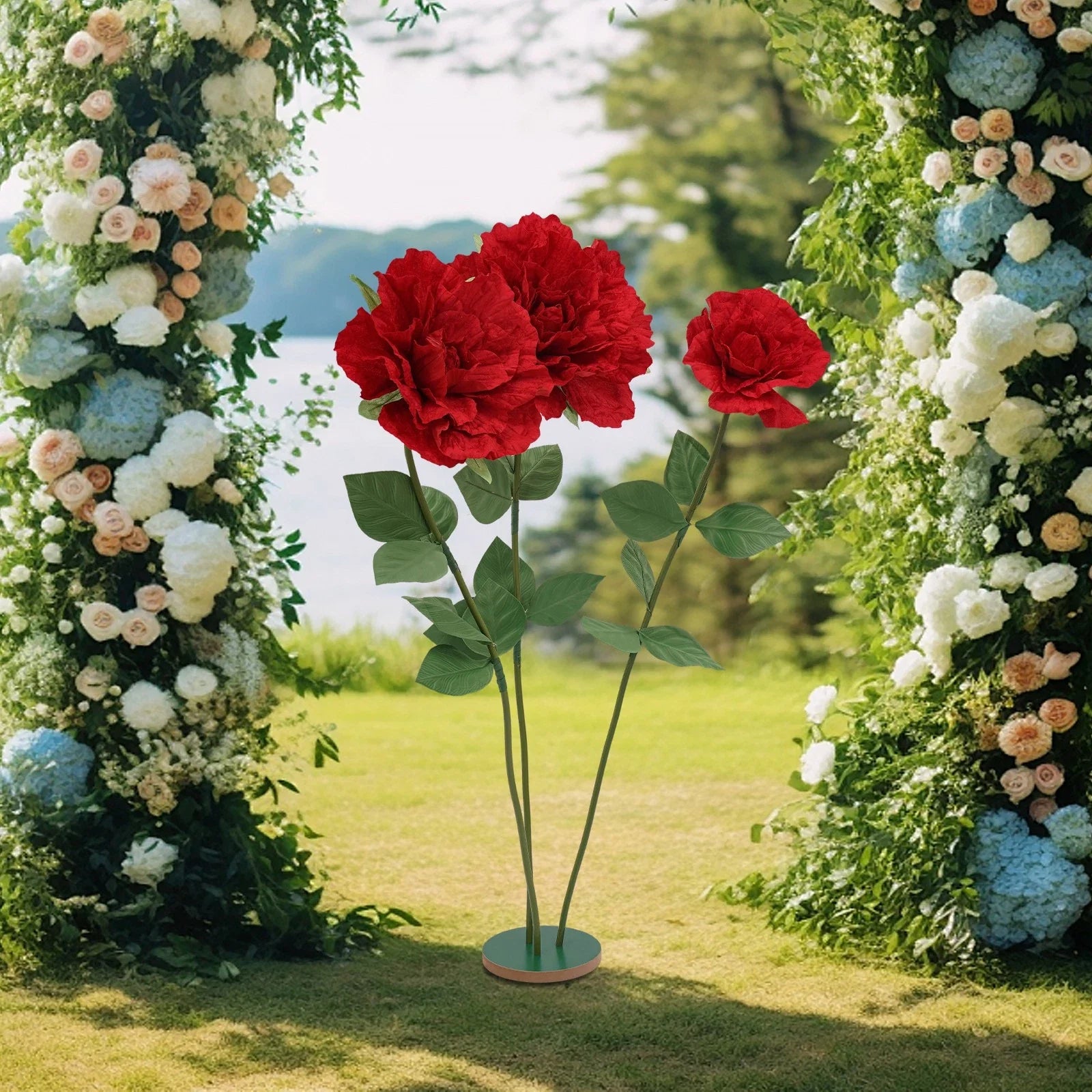 Red Rose Artificial Flower Decoration Giant Artificial Flowers with Round Base